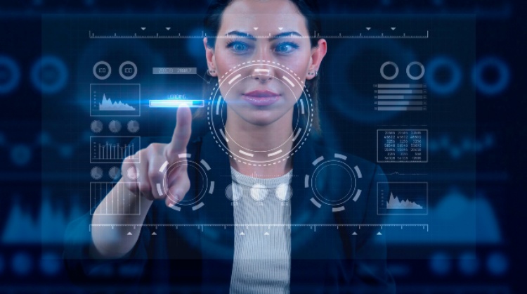 Businesswoman in Denver, CO reviewing analytics on digital blue hologram