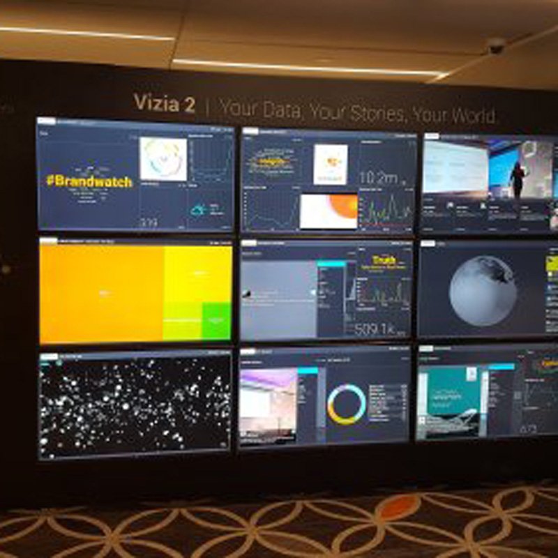 A multi-screen display showcasing info and Spectrum Audio Visual's event services in Denver, CO.